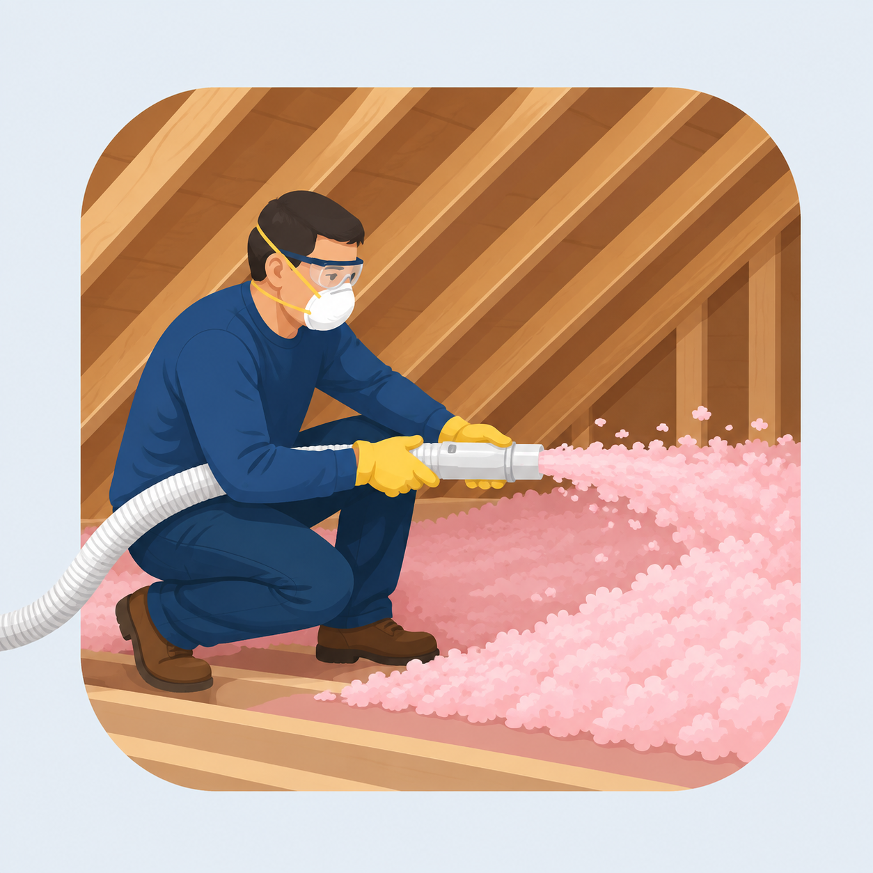 Illustration of a technician blowing fiberglass insulation in an attic