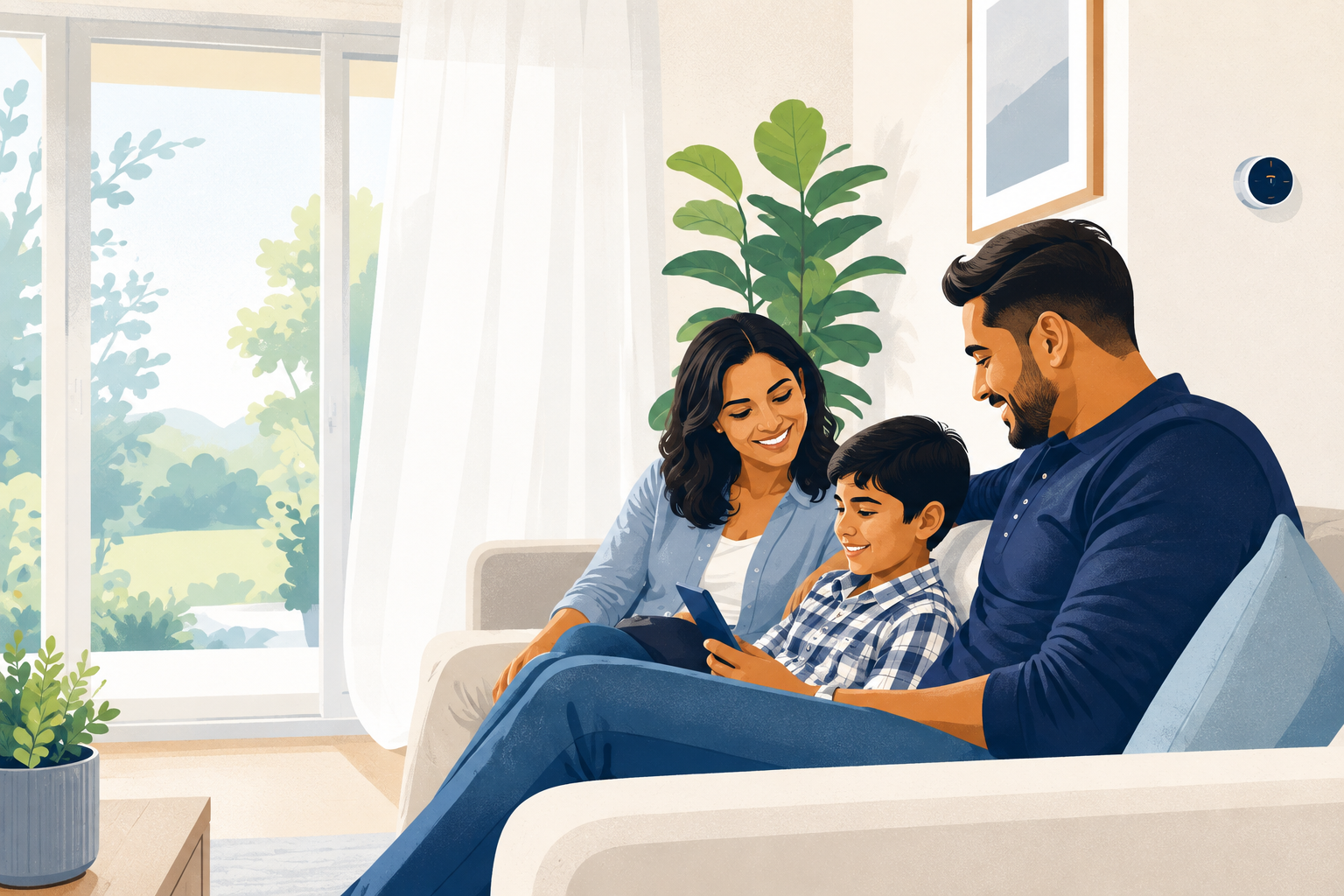 Vector illustration of a family relaxing together in a bright, air-conditioned living room