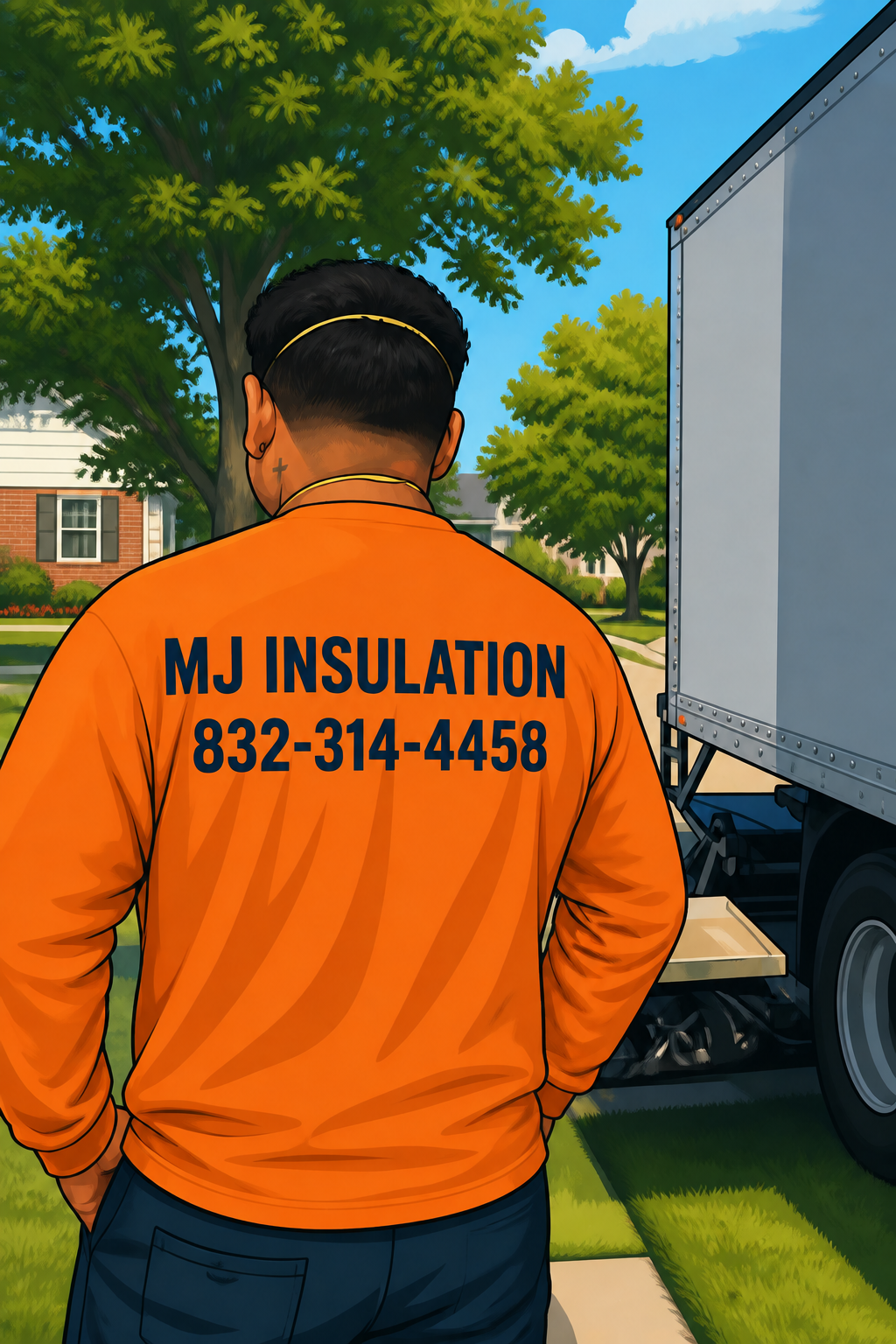 Cartoon illustration of an MJ Insulation team member beside a work truck in a neighborhood