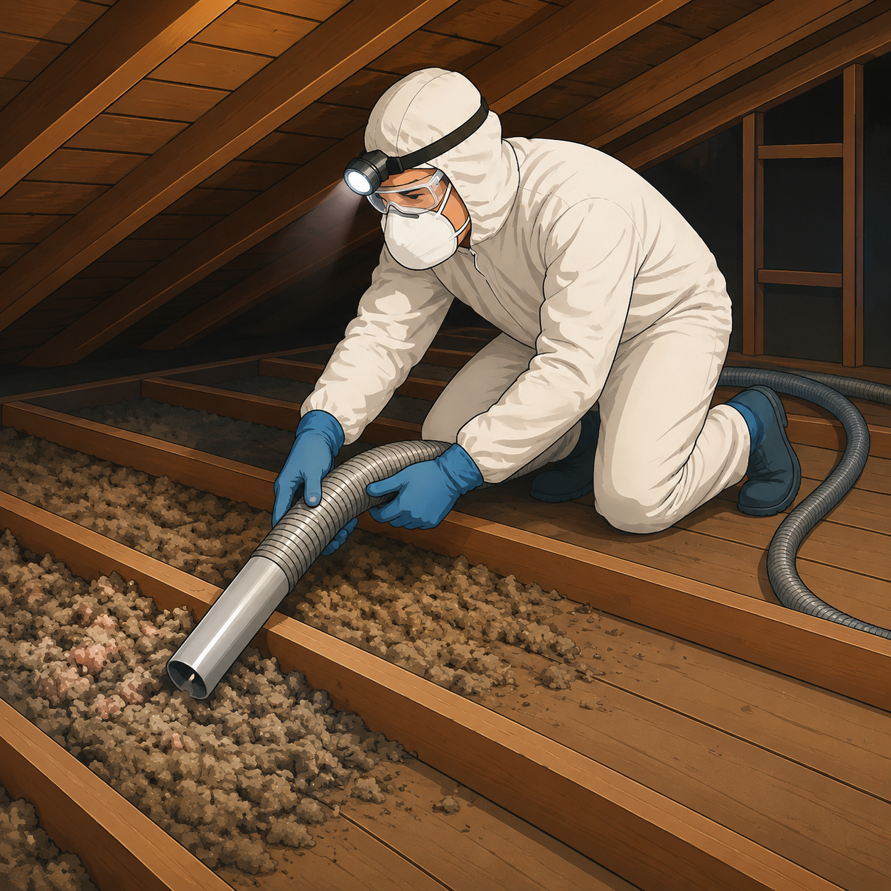 Illustration of a protected technician vacuuming old insulation from an attic