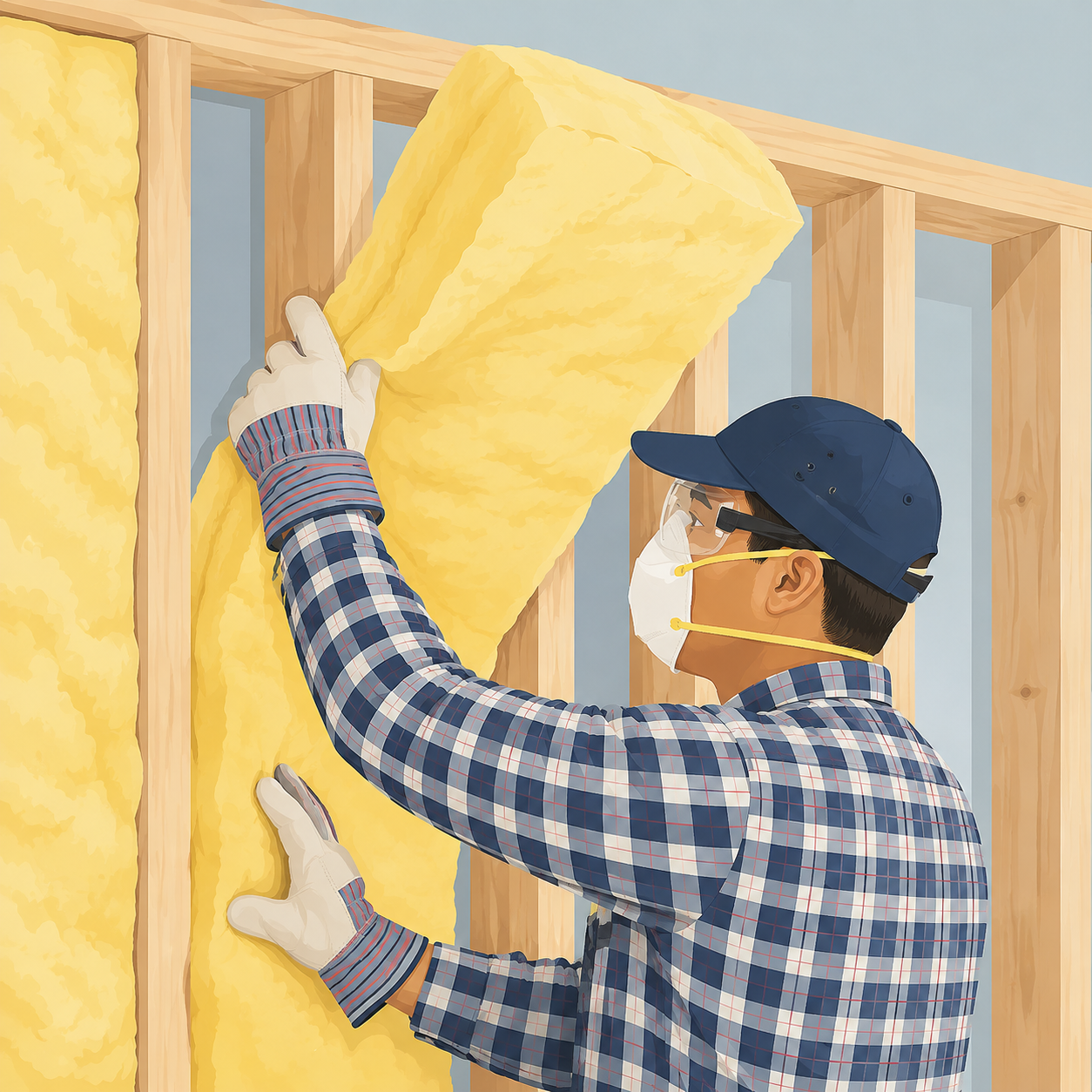 Illustration of a technician installing a fiberglass batt in a wall